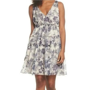 Lenon Swing Dress Blue Cream Floral V Neck Lightweight Flowy Women's S NWT